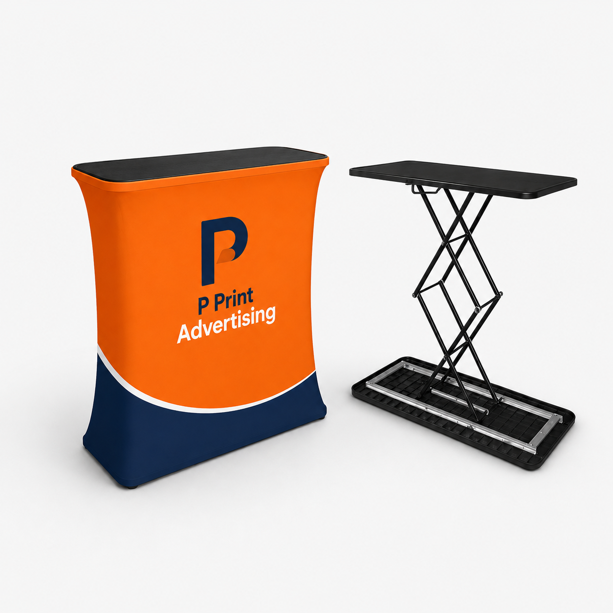Orange and blue pop-up display table with 'P Print Advertising' branding on a white background